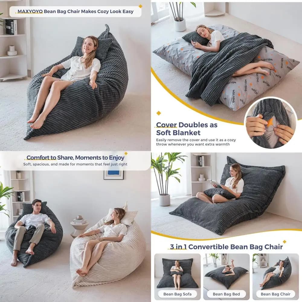 Poltrona Sacco Convertibile 3-in-1 con Cuscino, Rivestimento Lavabile e Cuscino da Terra Rimovibile - Chaise Longue Grigia per Soggiorno o Camera da Letto