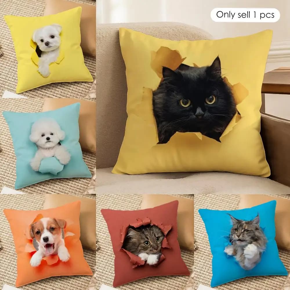 1pc CuteNaughty Cute Cats Dogs Copricuscino in peluche corto con stampa fronte-retro, copricuscino quadrato per divano, decorazione per la casa