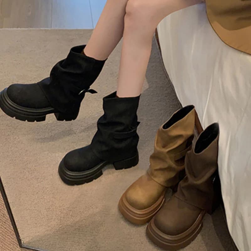 Stivali da Cowboy Marroni da Donna, Alti fino alla Coscia, Moda Primavera e Autunno, Impermeabili con Suola in Gomma