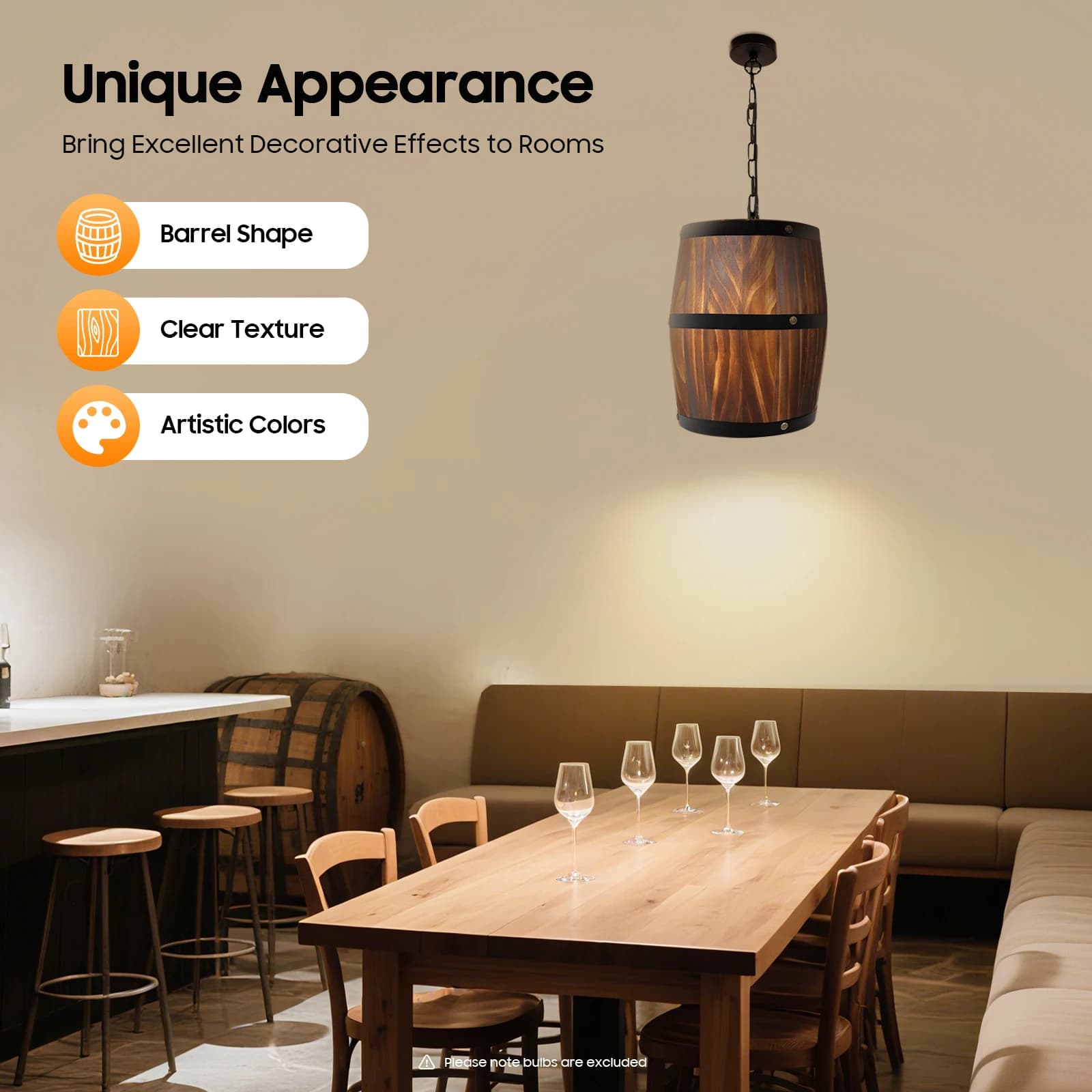 Vintage industrial chandelier with wine barrel design, iron and solid wood structure, UL certificate for kitchen, bar, cafeteria