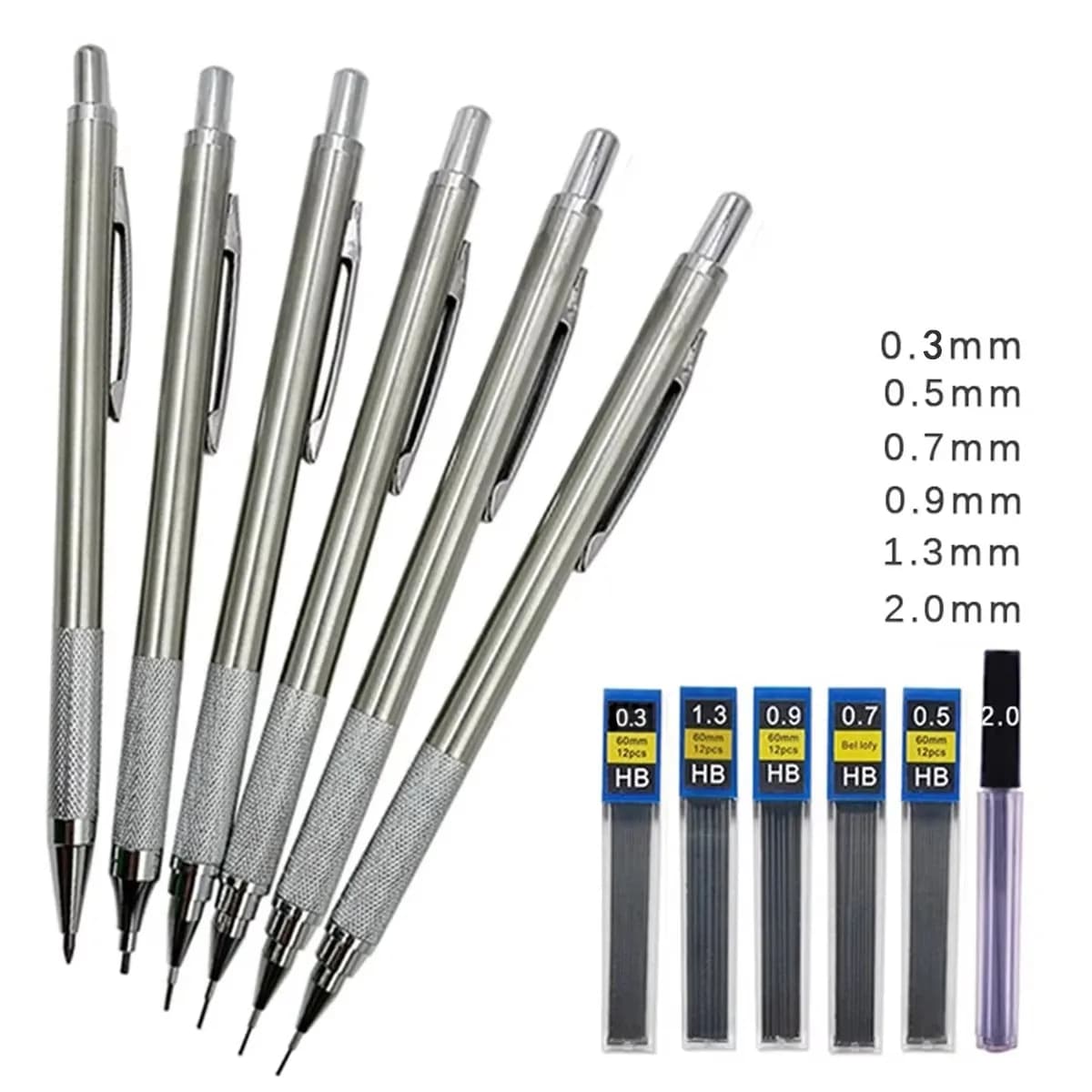 11Pcs/set All Metal Mechanical Pencils 0.3, 0.5, 0.7, 0.9, 1.3 2.0Mm Lead Refills Art, Writing, Sketching Retractable Design
