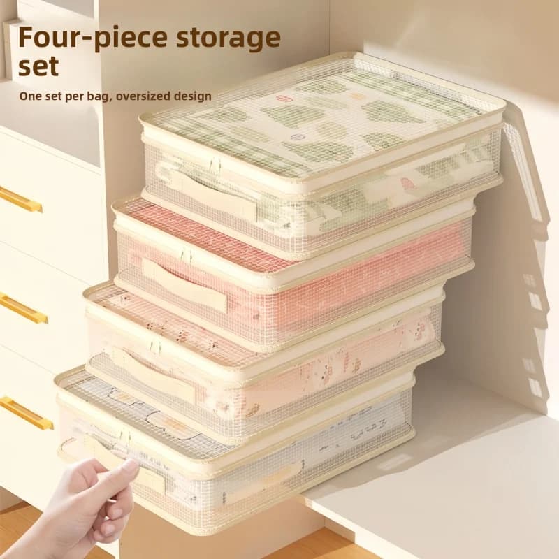 Set di quattro borse portaoggetti per uso domestico, borse organizer extra spesse per lenzuola e piumoni, borse in cotone per guardaroba e vestiti.