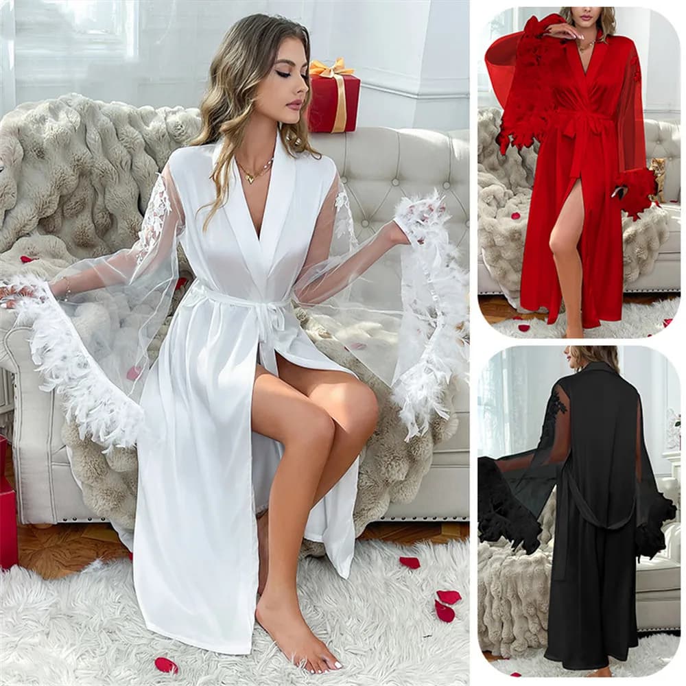 Women's long dress with feather cuffs, lace sleeves, kimono, bathrobe, home dress, silk satin, nightwear, loose loungewea
