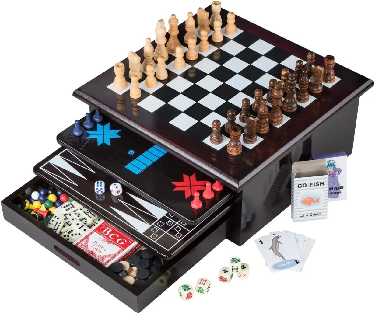 Set di Giochi da Tavolo in Legno 15-in-1 con Cassetto Portaoggetti - Scacchi, Dama, Backgammon e Altro