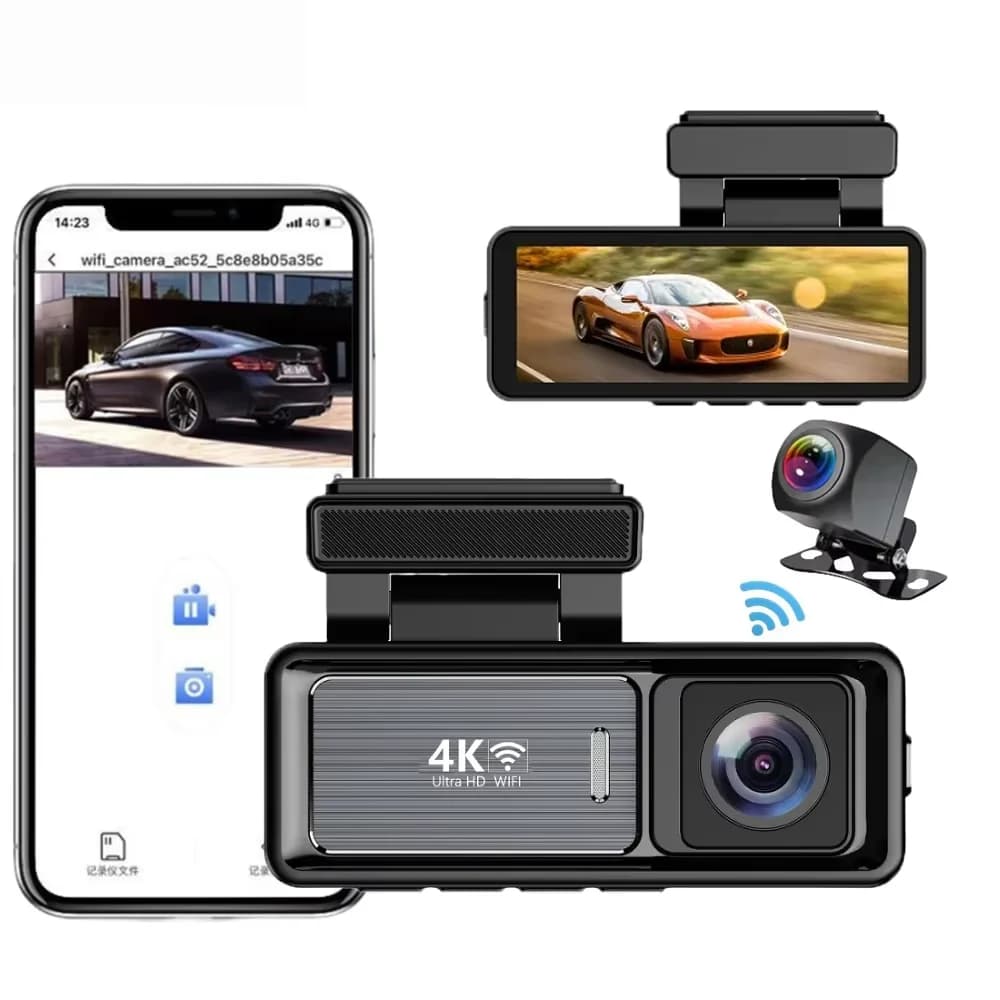 Nuova Dash Cam 3.2 Pollici con Doppia Lente Ultra HD 4K Reale, Telecamera DVR per Auto con WIFI, GPS, Visione Notturna, WDR, Registratore Video e Monitoraggio Parcheggio 24H