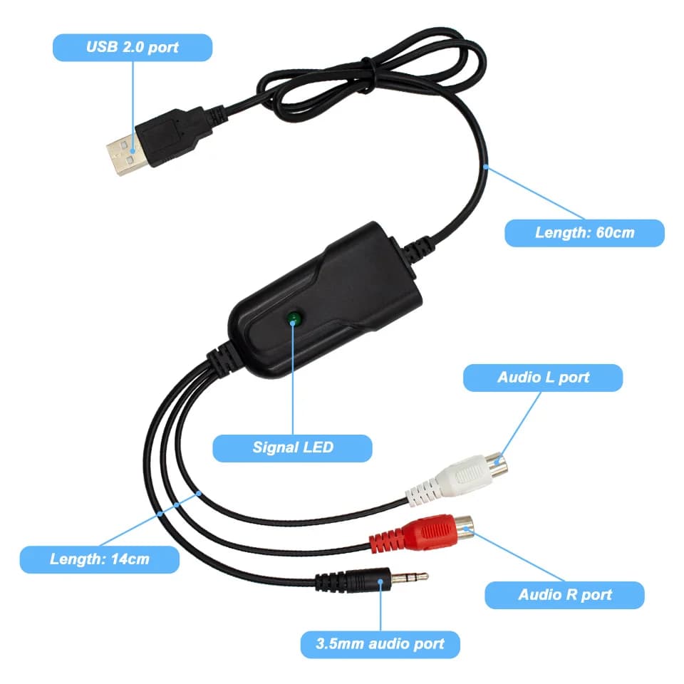 Adattatore per scheda di acquisizione audio USB 2.0 da USB 2.0 a L/R Tappo facile da 3,5 mm Modifica cavo audio a digitale per la registrazione di cassette analogiche su CD