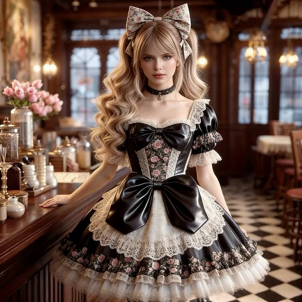 Cosplay Lolita Prom Dress Abito da ballo corto Nero e avorio Cameriera Abiti da cocktail party Fiocco floreale Manica corta Costume personalizzato