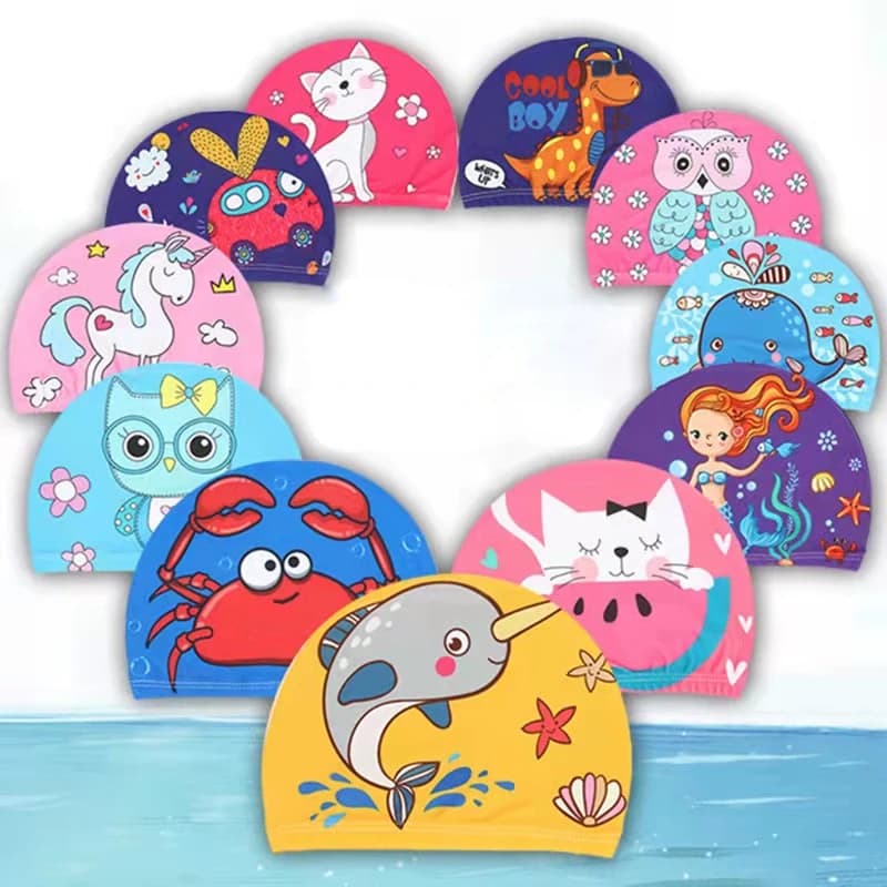 Fashionable Elastic Fabric Swimwear Cartoon for Kids Long Hair Adorable Kids Protect Ear Pool Hat for Boys and Girls