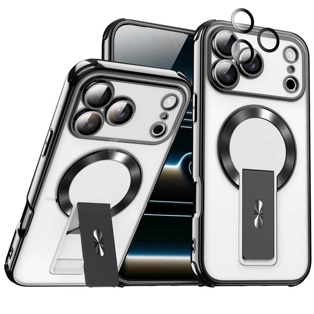 Custodia Magnetica Pieghevole con Supporto per iPhone 17 Pro Max 16 15 14 13 12 11, Protezione Completa Lenti, Cover Trasparente in PC Placcato Antiurto