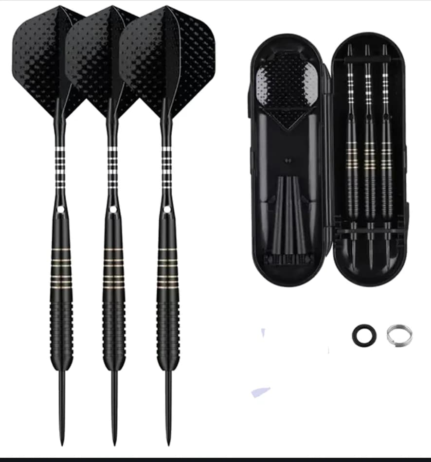Set di 3 Freccette Professionali con Punta in Acciaio, Custodia Nera, Alette Antiscivolo e Aste per Giochi Sportivi Indoor