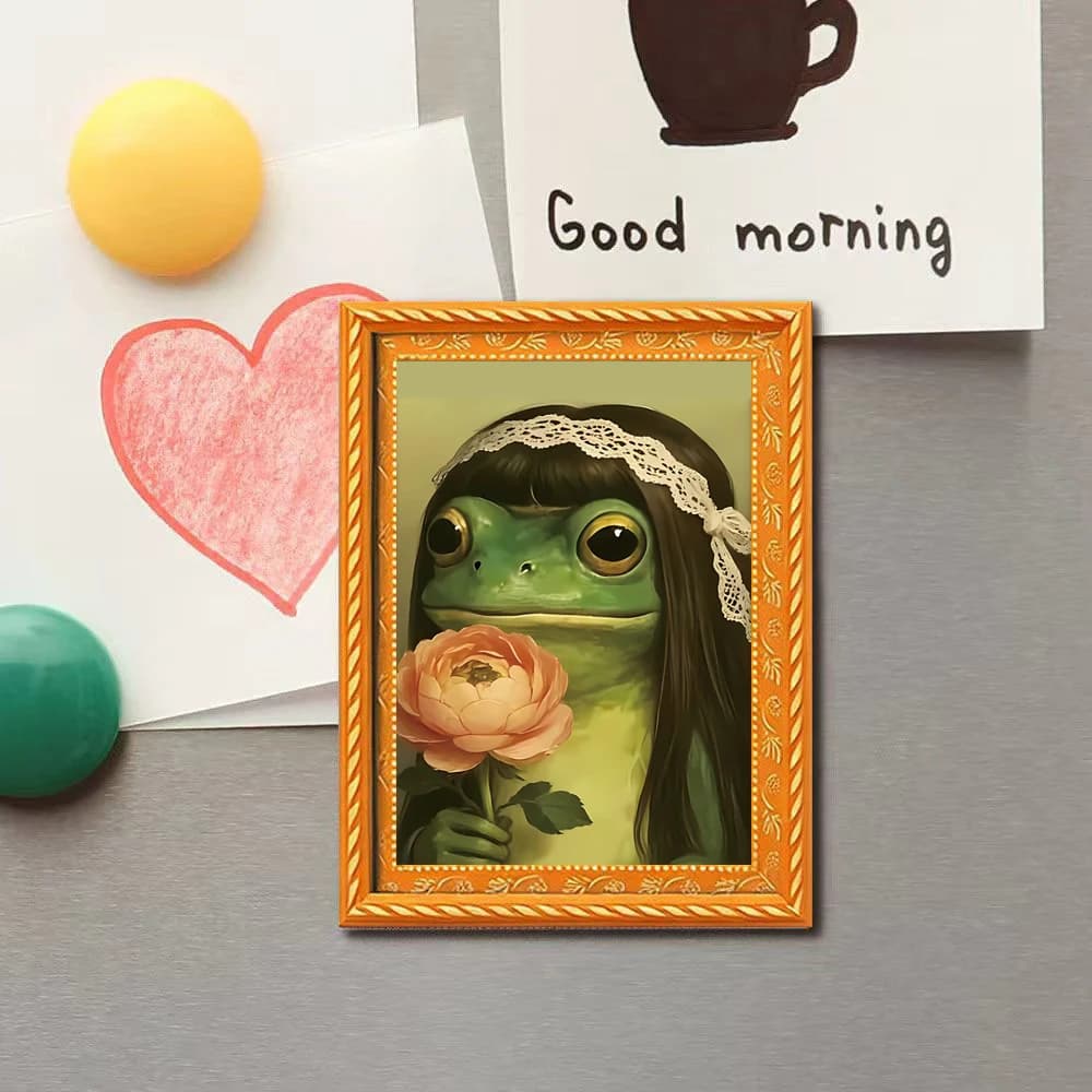 1 Piece of Vintage Oil Painting Style Lace Headband Frog Fridge Magnet, Hand-Held Rose Magnetic Decoration Sticker, Artistic Kitchen Message Magnet, Fresh and Beautiful Fridge Decoration Message Sticker