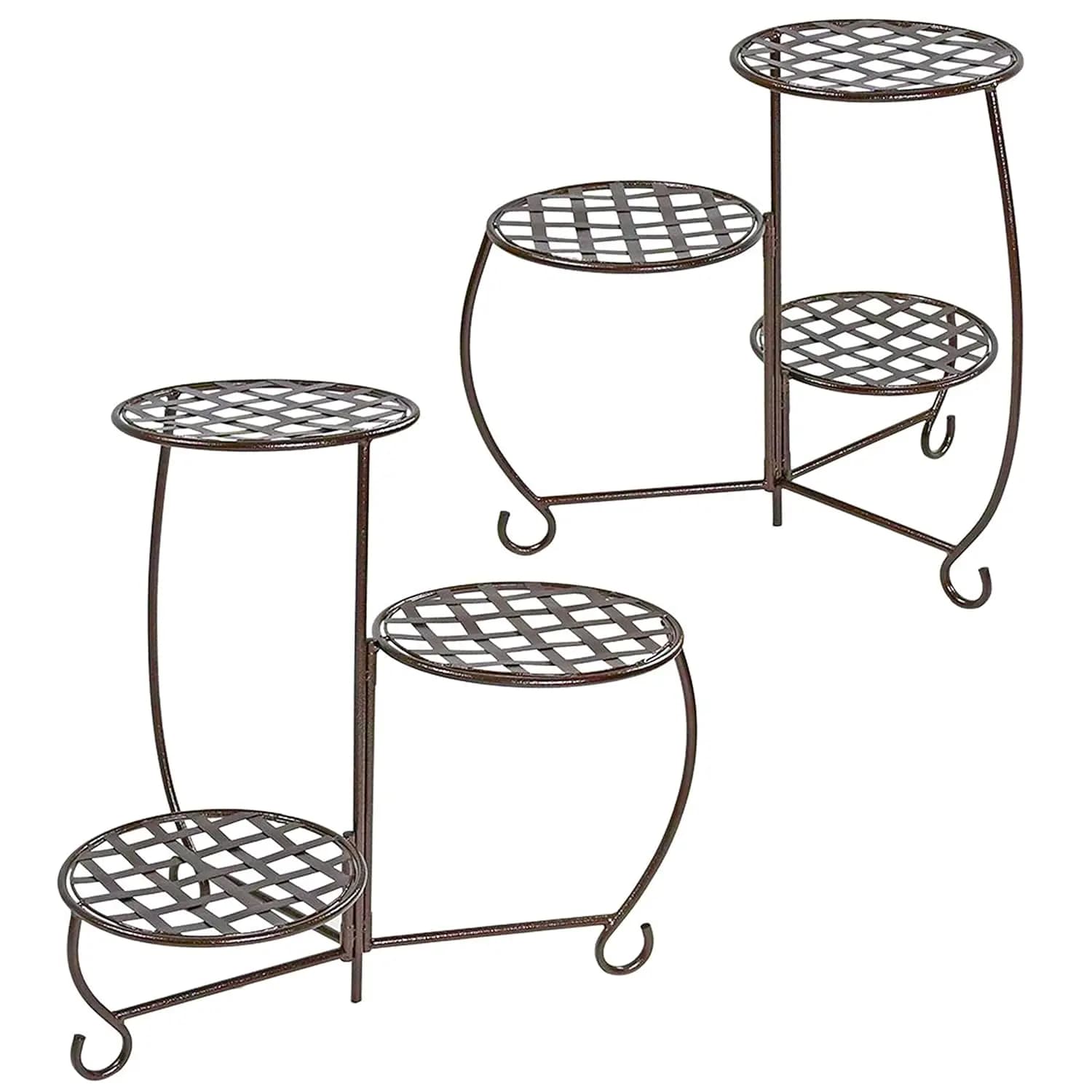 Set di 2 Supporti per Piante in Metallo a 3 Livelli con Motivo a Scacchi per Piante in Vaso da Interno ed Esterno, Bronzo, Personalizzabile