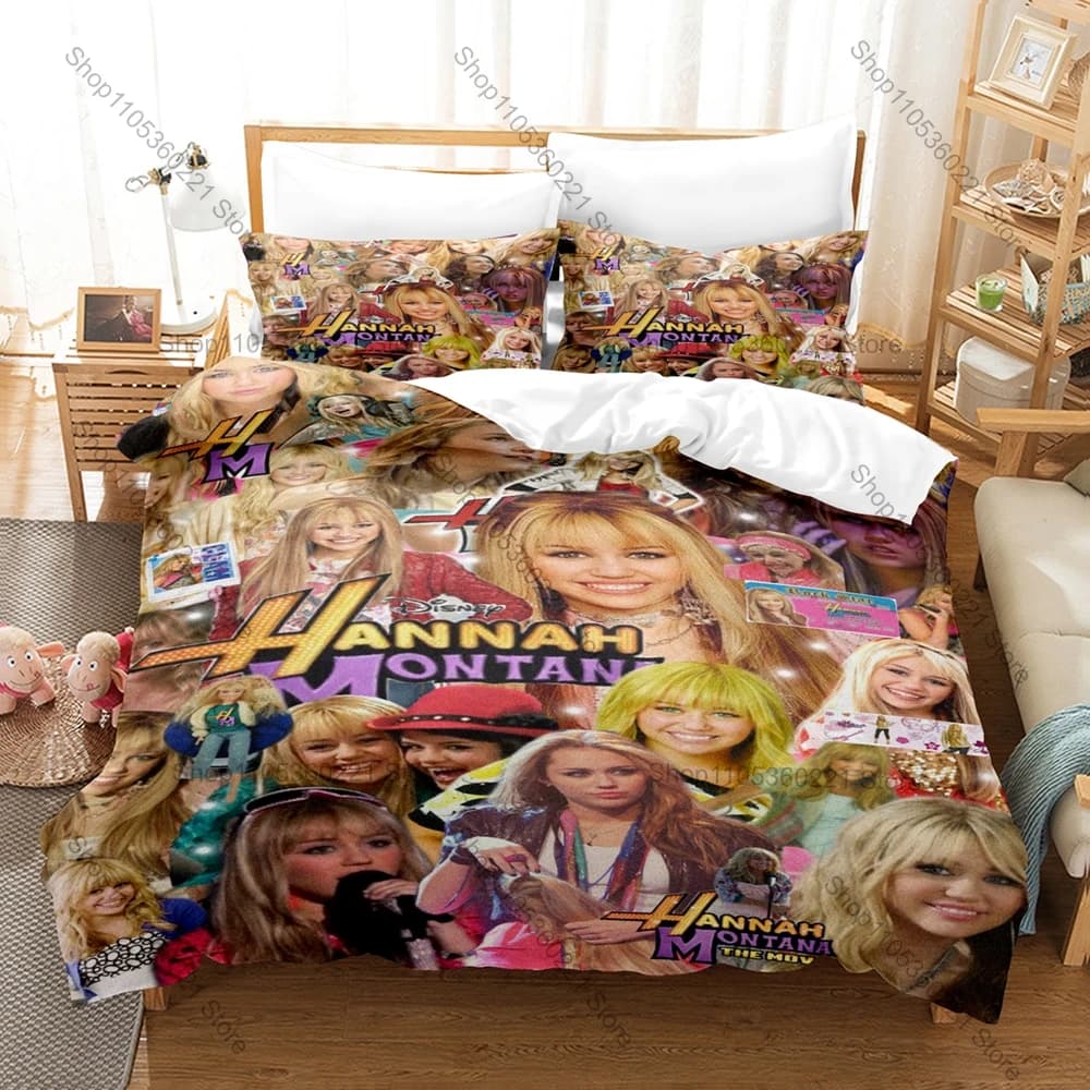 Hannah Montana Wig Microphone Stage Sparkle Pink Purple Teen Girl Pop Duvet Cover + 2 Pillowcases Kawaii Fan Bed Linen