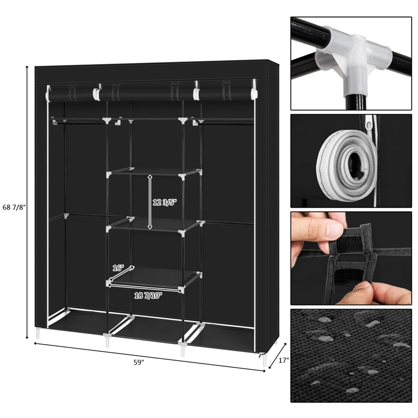 69 Inch Portable Non-Woven Fabric Clothes Closet, Double Hanging Rod Free Standing Wardrobe Organizer with Full Zipper Dustproof Cover, Easy Assemble Metal Frame Clothing Storage Cabinet for Bedroom Apartment Dorm Closet Replacement, Large Capacity
