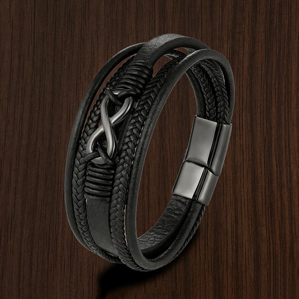 Bracciale Classico con Simbolo Infinito per Uomo, Fatto a Mano, Intrecciato, Multistrato in Pelle Nera, Gioielli in Acciaio Inossidabile, Pulseras