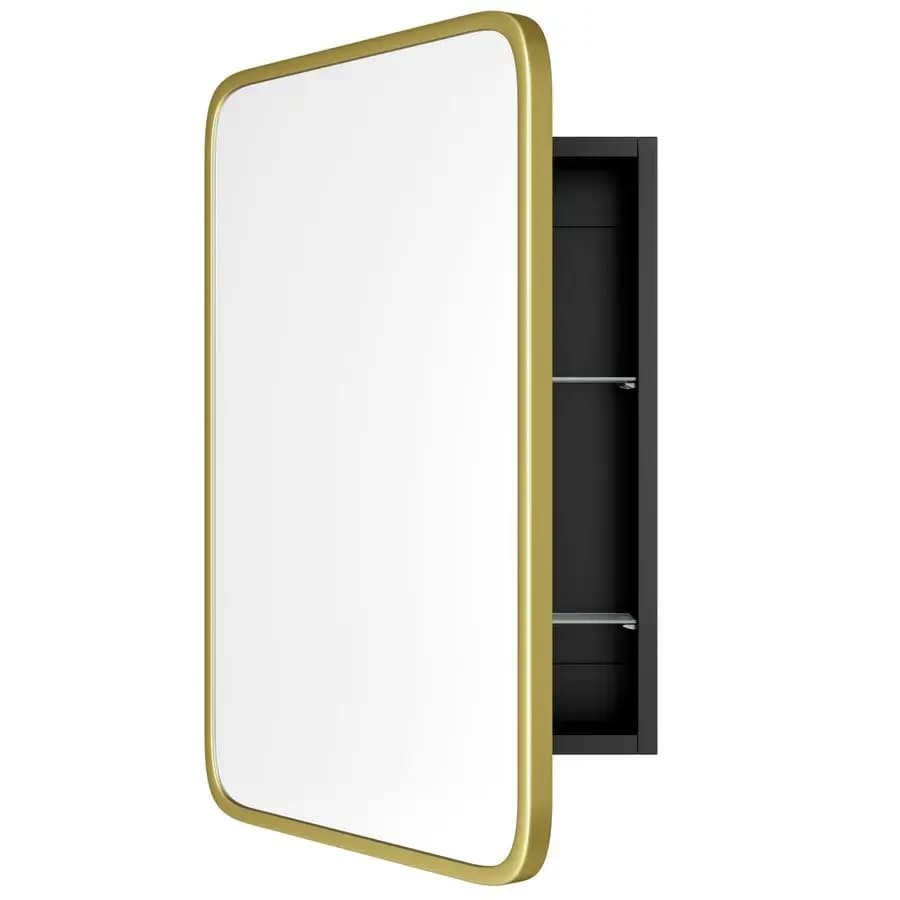 Mobile da Bagno in Legno Nero con Specchio Curvo 16.5x24 con Cornice in Metallo Oro Spazzolato, Armadietto Portamedicinali Incassato, Mobile Contenitore per Bagno