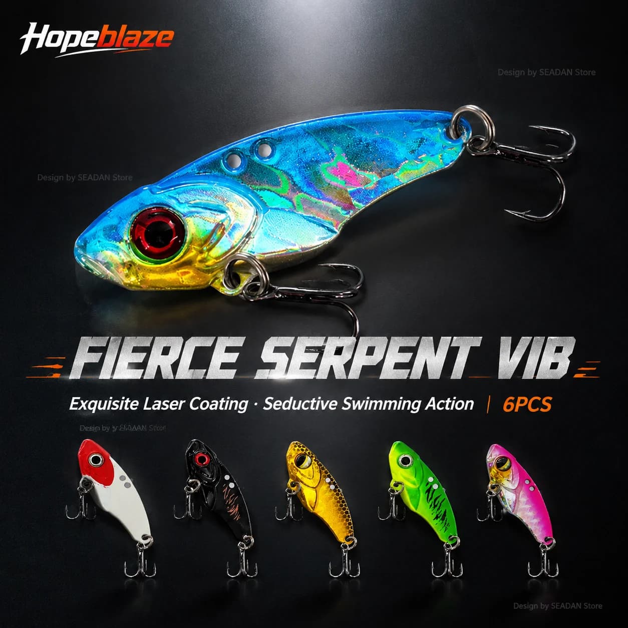 Hopeblaze Fierce Serpent Metal VIB 6Pcs Adjustable Holes Laser Lure Sharp Treble Hooks For Bass Trout Pike Perch Walleye