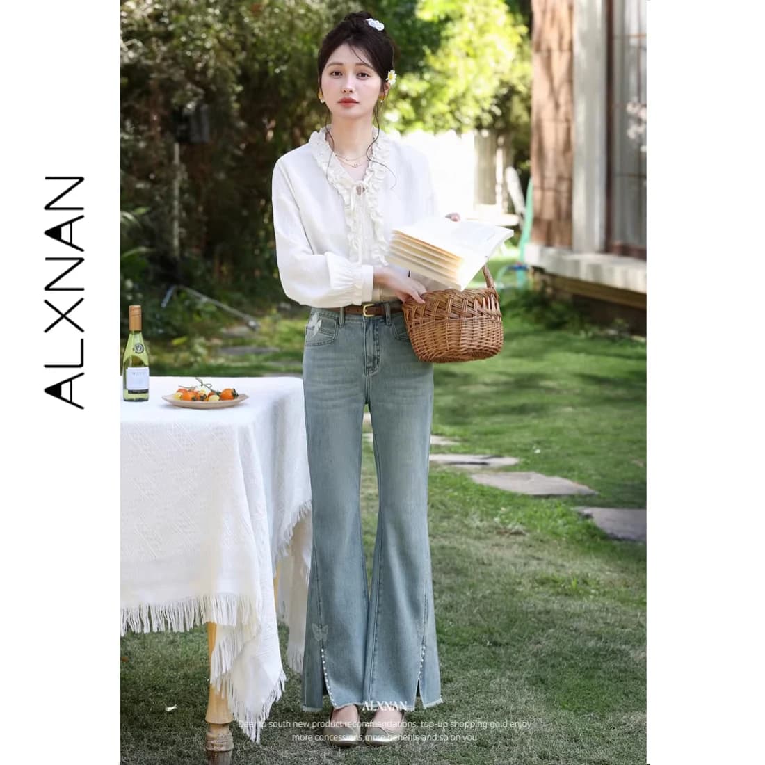 ALXNAN Jeans a zampa d'elefante da donna blu con motivo a farfalla, spacco e orlo sfrangiato con perline, design vintage, pantaloni in denim dritti da donna L61827