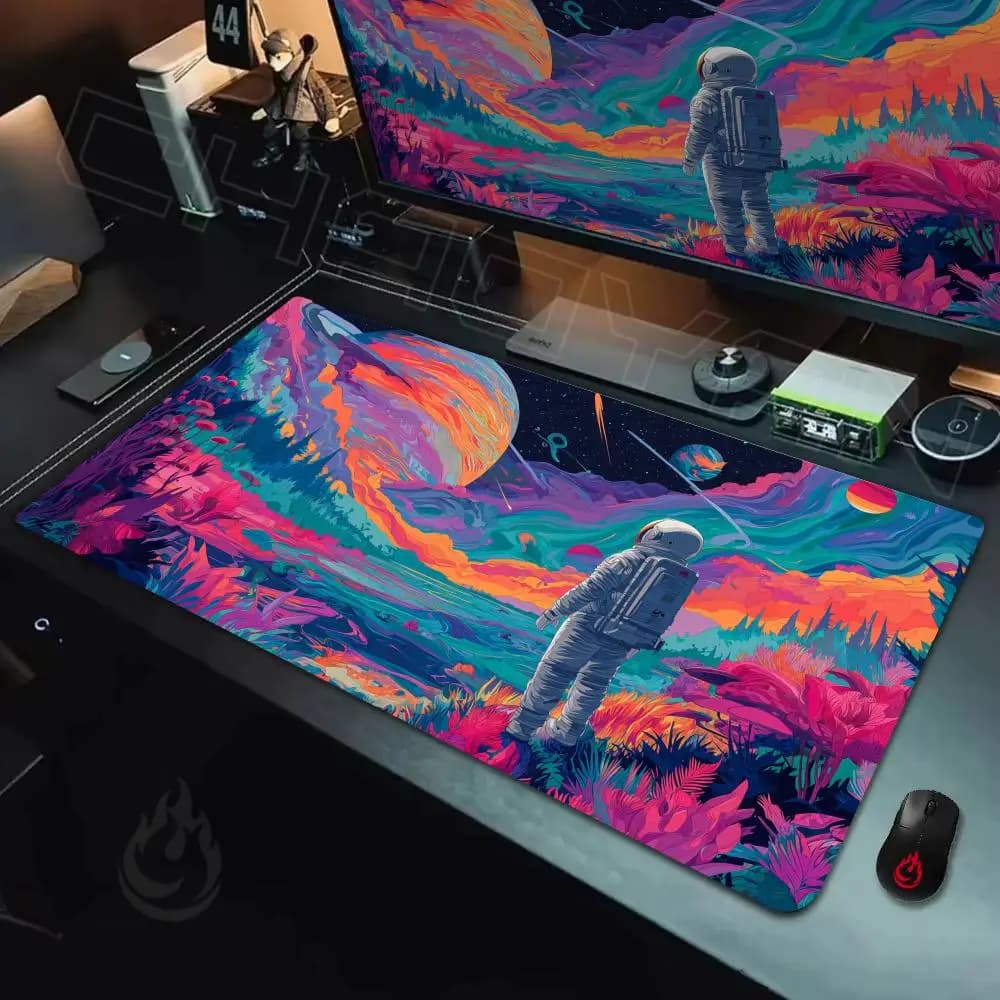 Tappetino per mouse con illustrazione spaziale di arte psichedelica, tappetino per mouse da ufficio resistente e antiscivolo, tappetini da gioco con bordo cucito, stampa HD