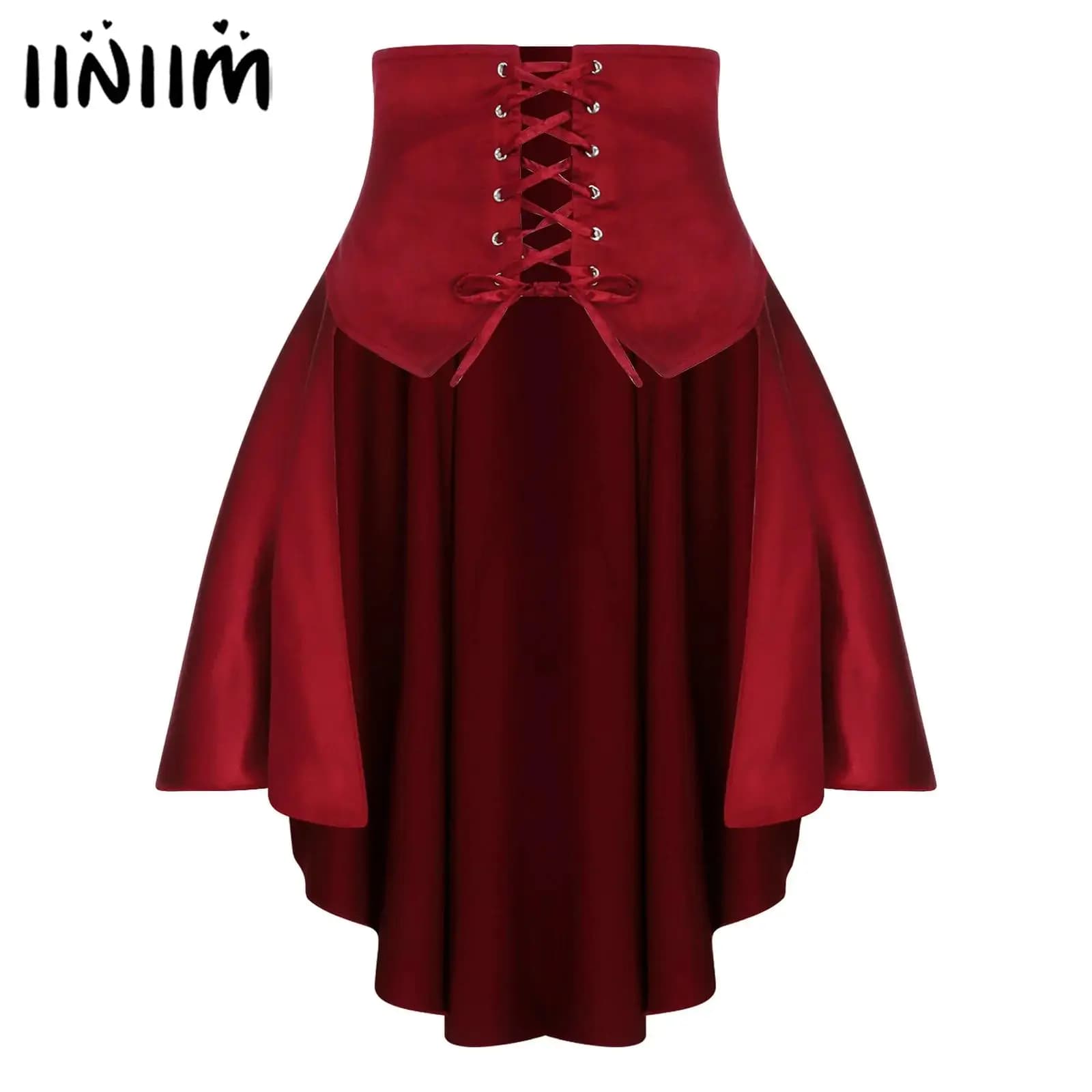 Womens Gothic Steampunk Satiny Pirate Skirt Front Lace-up Tiered Ruffled Irregular Hem Skirt Waist Belt Vintage Medieval Costume