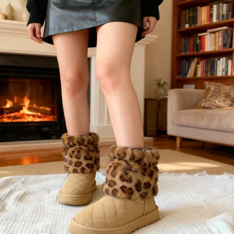 Stivali con calzino con stampa leopardata, stivaletti invernali alla moda con pelliccia sintetica, comodi e facili da indossare, stile polsini per stivali lavorati a maglia, 1 paio