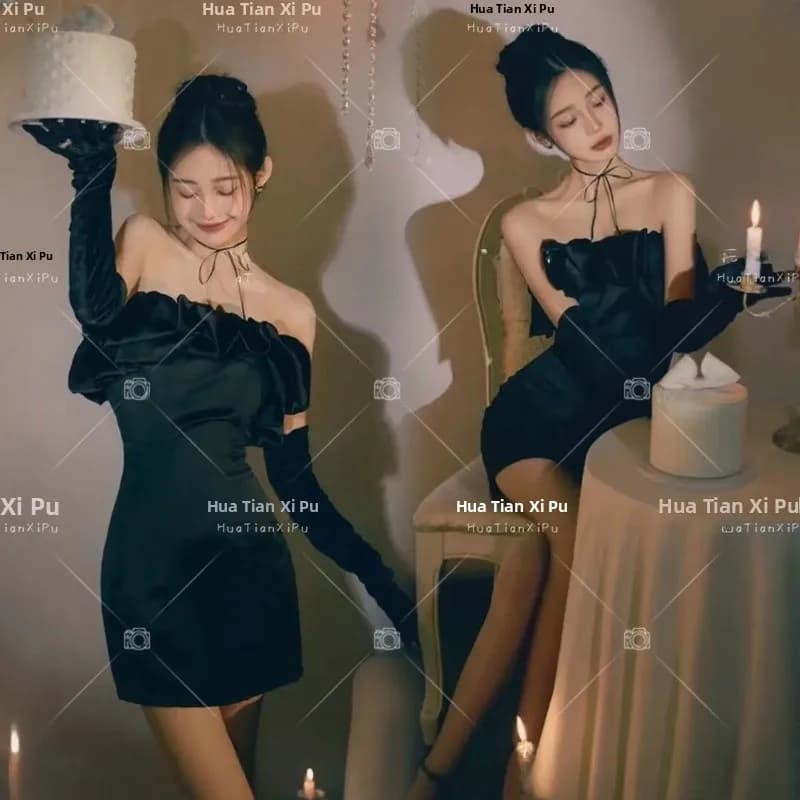 New Princess Theme Birthday Party Dress One Shoulder Black Photography Costume for Young Women Summer 2023 Fashion Trend