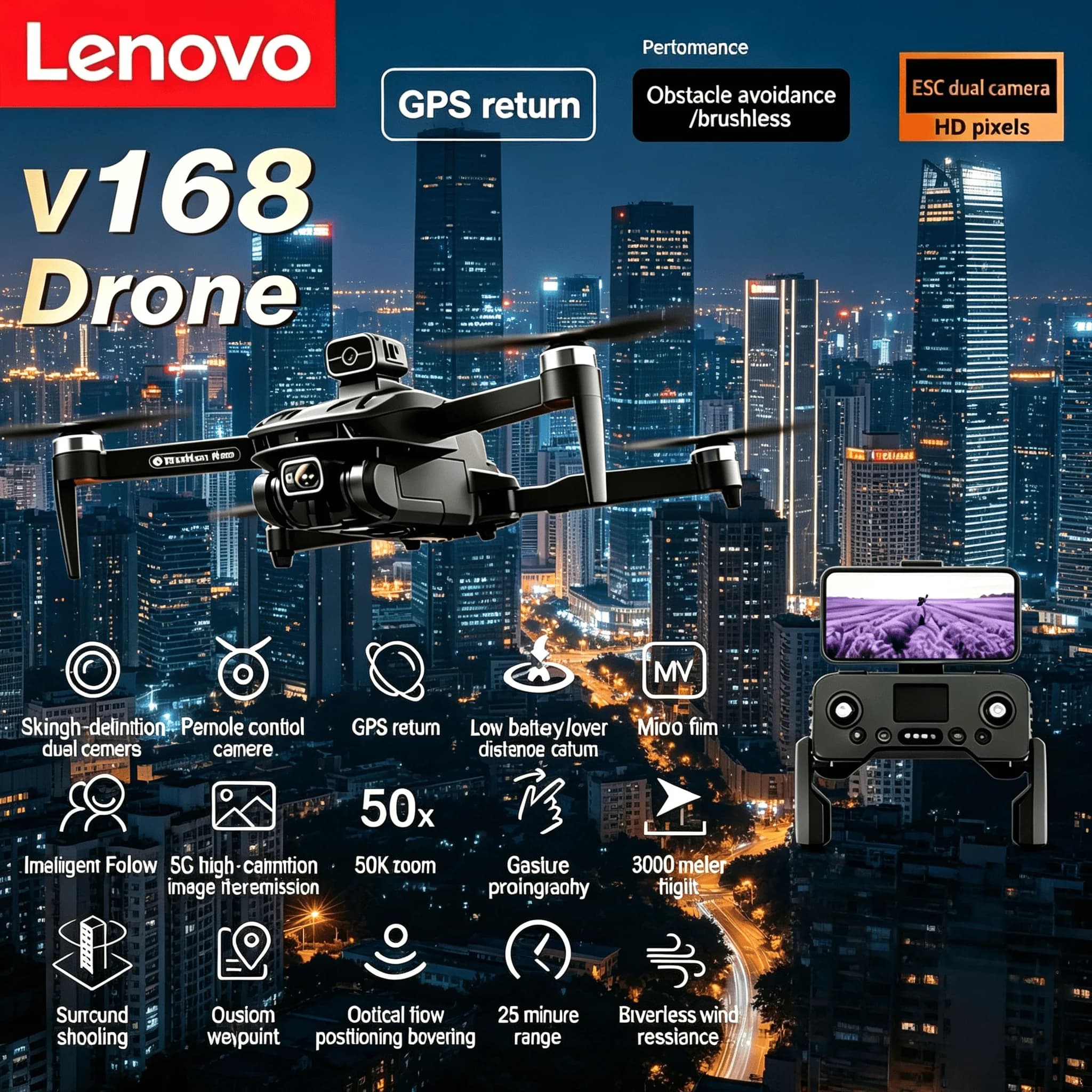 Drone Lenovo V168 GPS 8K con 3 Telecamere Grandangolari, Localizzazione Ottica, Evitamento Ostacoli a 4 Vie, Quadricottero per Fotografia Aerea