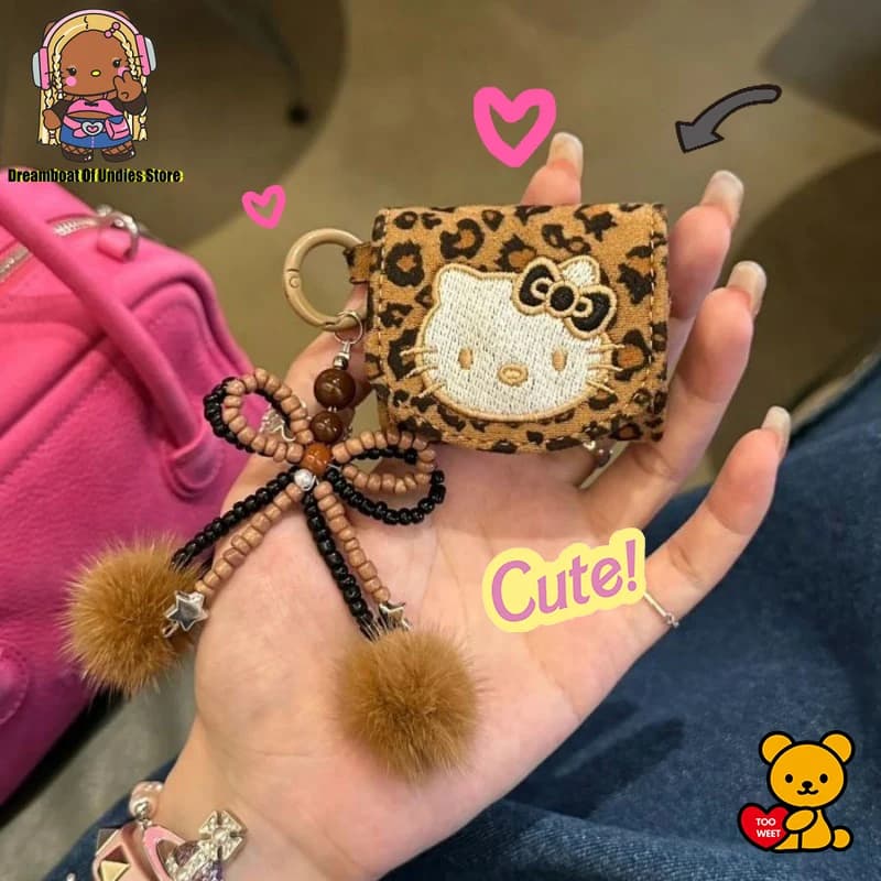 Leopard Print Hello Kitty Cute Cartoon Earphone Case with Lanyard Strap for Apple AirPods 1 2 3 3rd AirPods Pro Protect Cover