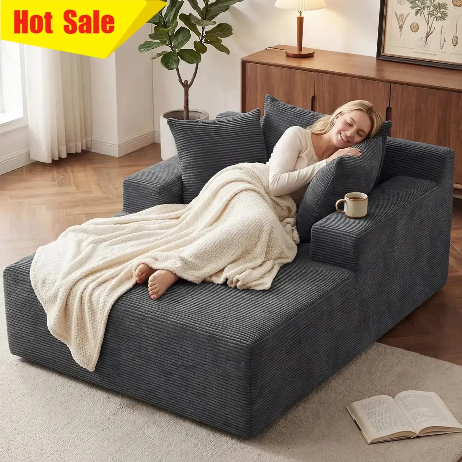 66 Chaise Lounge Chair Indoor Oversized Boneless Lounge Chair with 3 Pillows Corduroy Cloud Reading Chair for Living Room