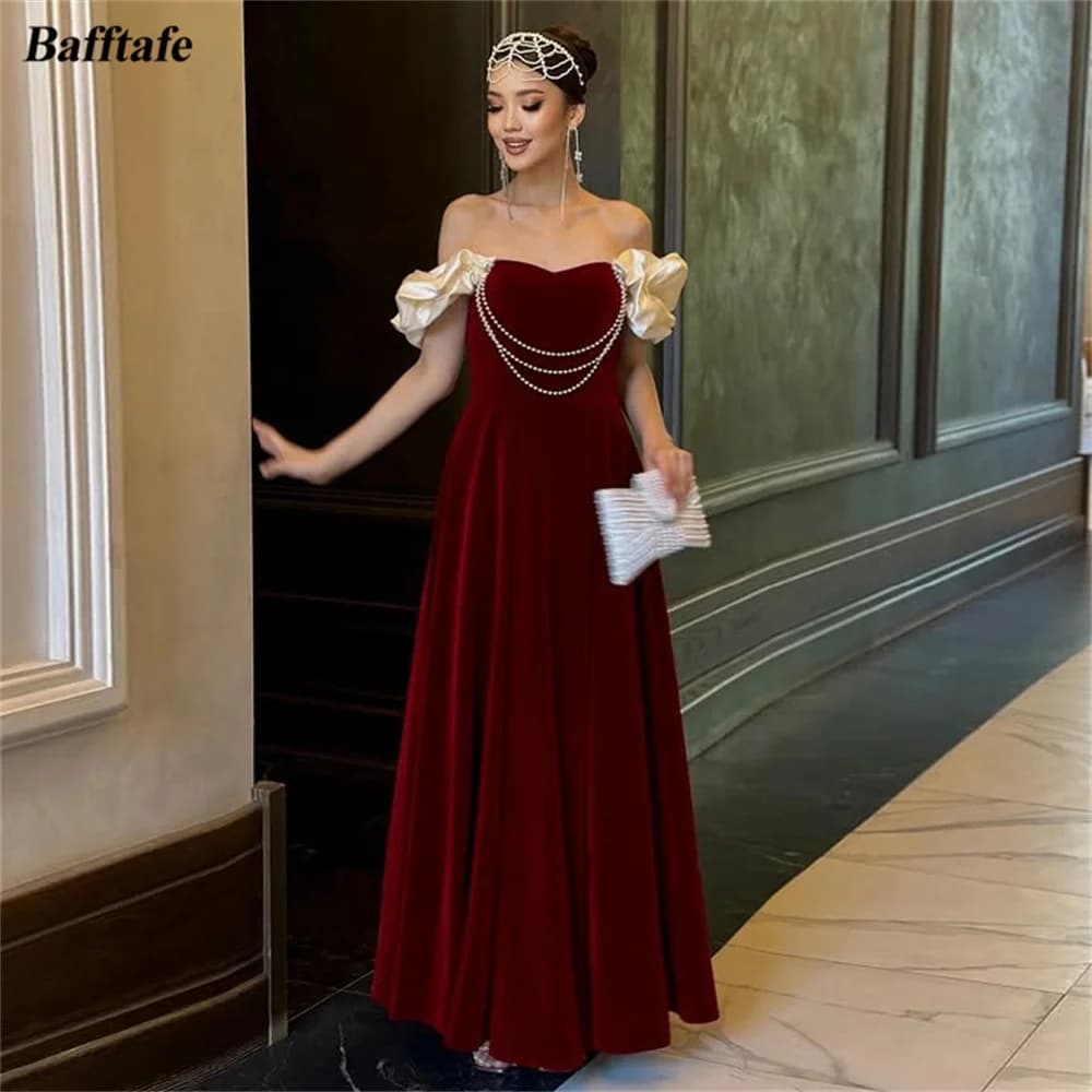 Bafftafe Abiti lunghi da ballo in velluto bordeaux personalizzati champagne maniche corte perle Corea abiti da festa da sera formale da donna