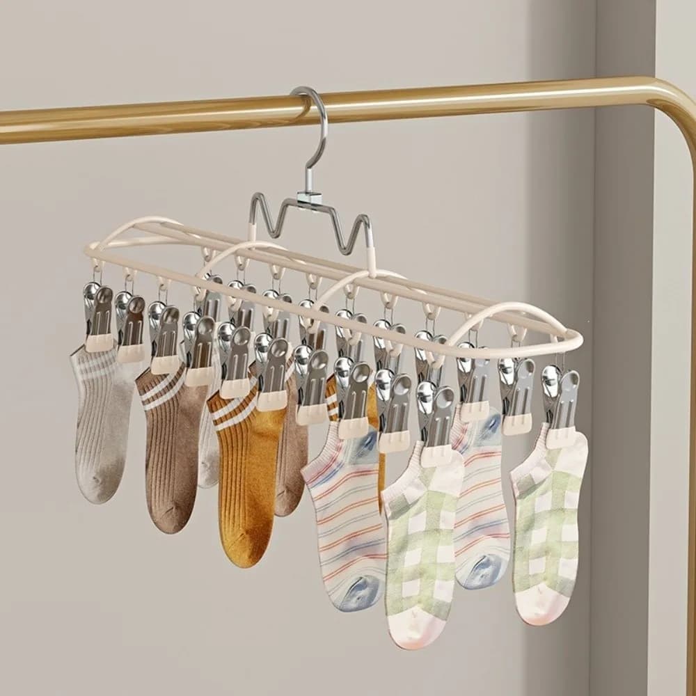 Windproof Clothes Drying Hanger with 20 Clips Stainless Steel Sock Drying Rack Anti-slip Rustproof Clothes Hanger Travel