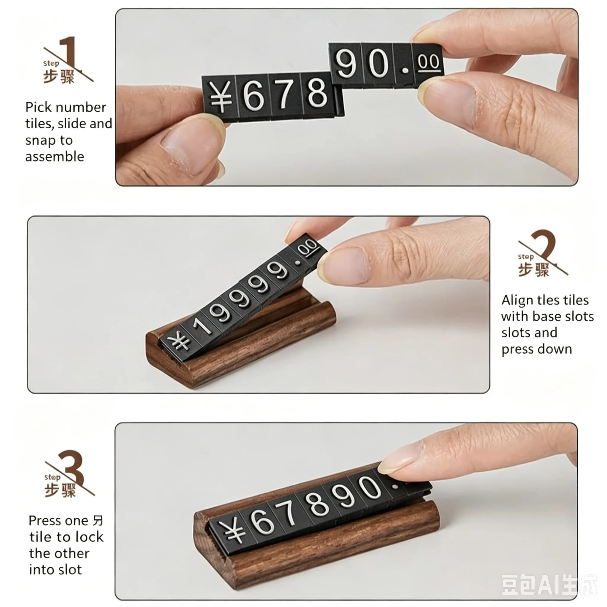 10 Set di Espositori per Gioielli e Orologi, Base in Legno con Numeri Regolabili, Etichette Prezzo Digitali, Mini Supporti per Cartellini Prezzo