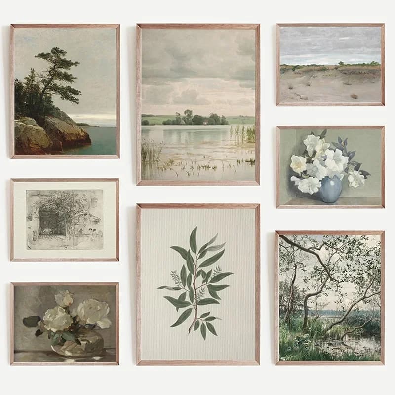 (No frame)Vintage French Country Landscape Light Neutral Set Poster and Prints Canvas Painting Wall Art Floral Picture for Ro