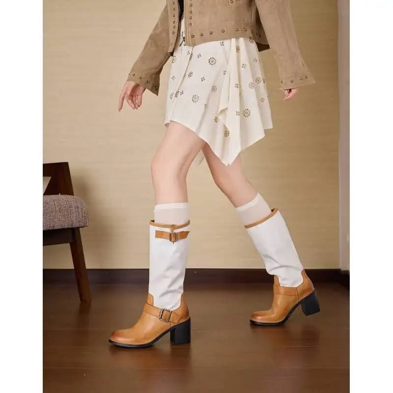 Color Block Wide Calf Knee High Boots Women 5cm Block Heel Double Buckle Burnished Cow Leather Fabric Western Boots Pigskin F53