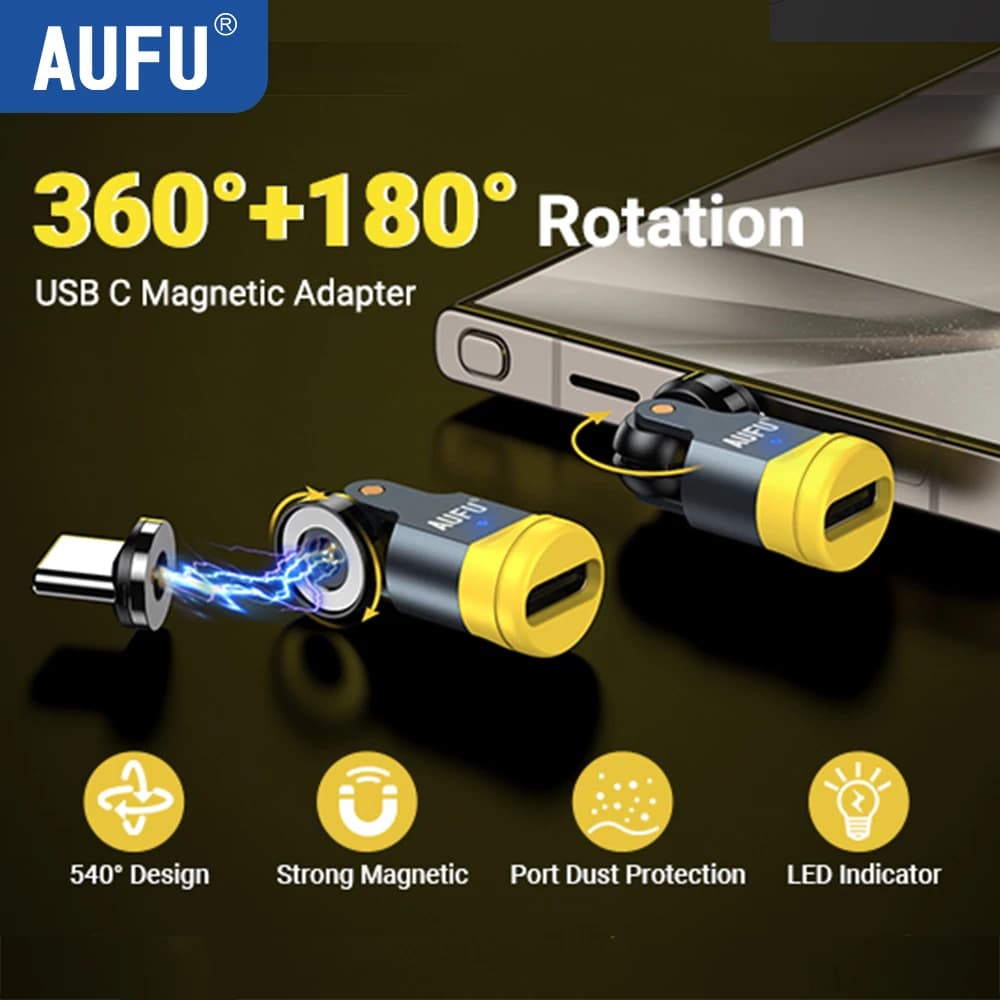 AUFU 540 Degree Rotating Magnetic Adapter USB to Type-C Charging Cable Magnetic USB C Female Converter for iPhone Mobile Phone
