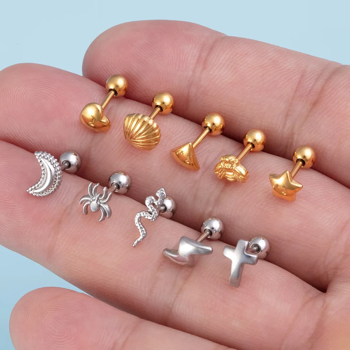 1pc In Acciaio Inox Cartilagine Trago Helix Orecchini Penetranti per Le Donne Degli Uomini Punk Serpente Ape Spider Luna Stella Orecchino Della Vite Prigioniera 18G