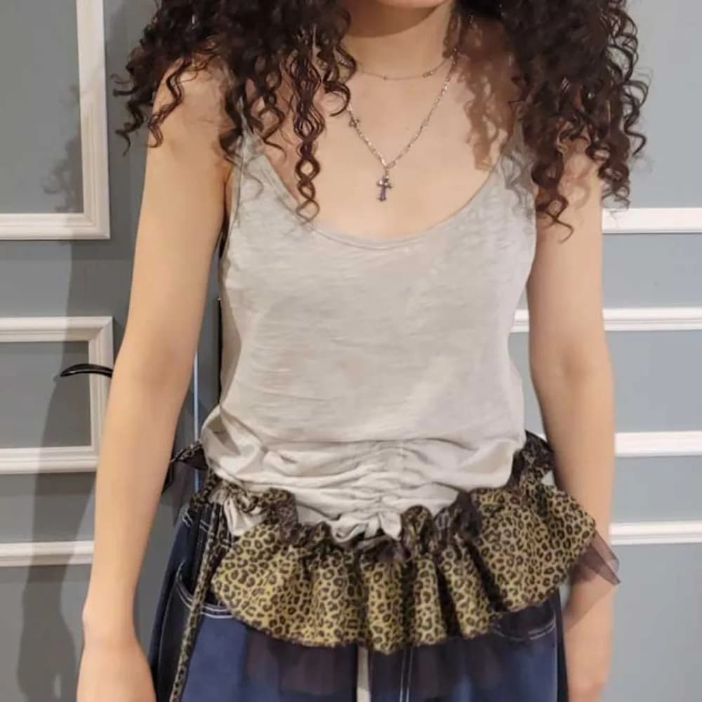 Cintura Hip-hop con Stampa Leopardata, Estensore per Gonna e Camicia, Bordo Arricciato in Rete, Cintura Y2K per Outfit a Strati