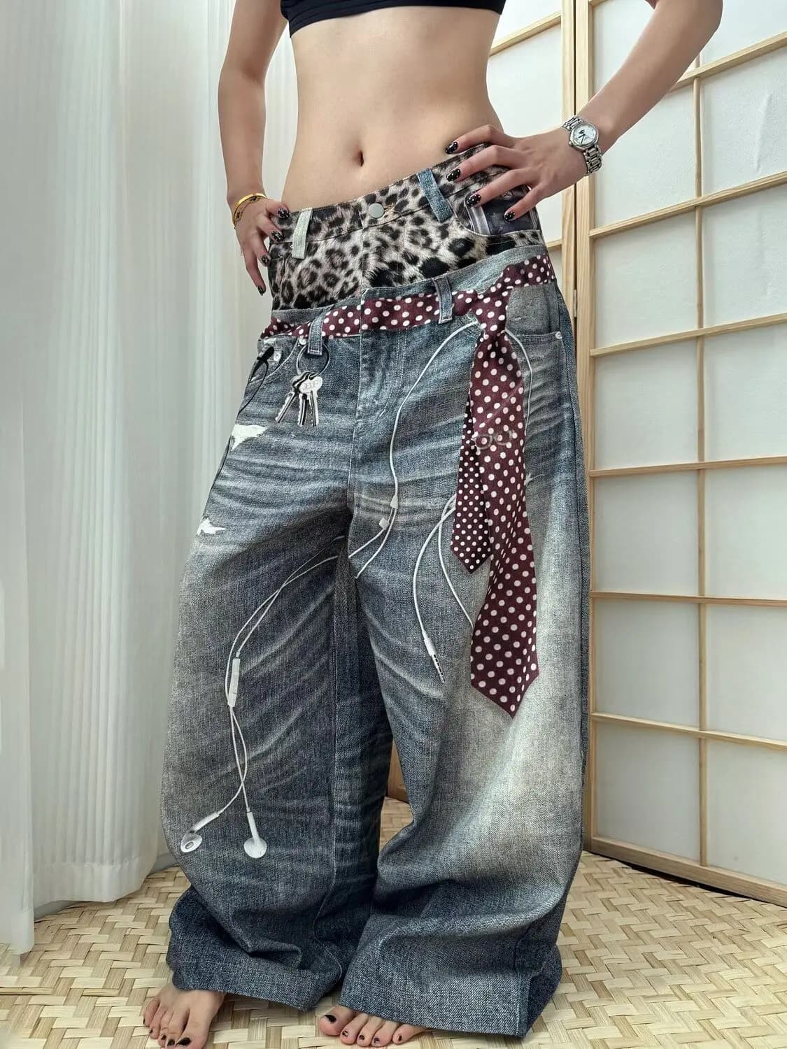 American Street Style 3D Printed Leopard Pattern Double Waist Knife Jeans Men's Loose Wide Leg Casual Trousers