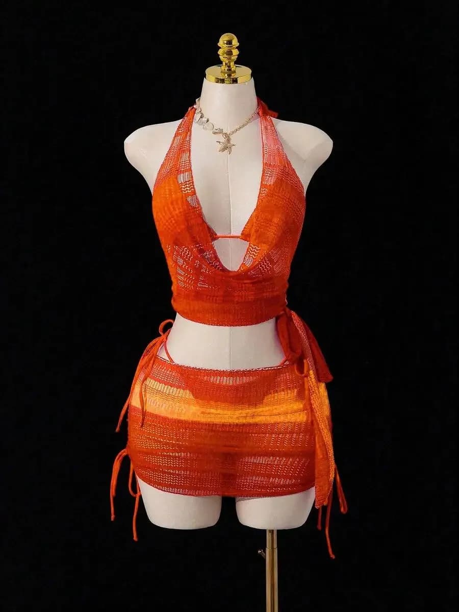 Set bikini in maglia trasparente arancione con top scollato a V profondo, pantaloncini con laccetti laterali e minigonna avvolgente per abbigliamento da spiaggia estivo