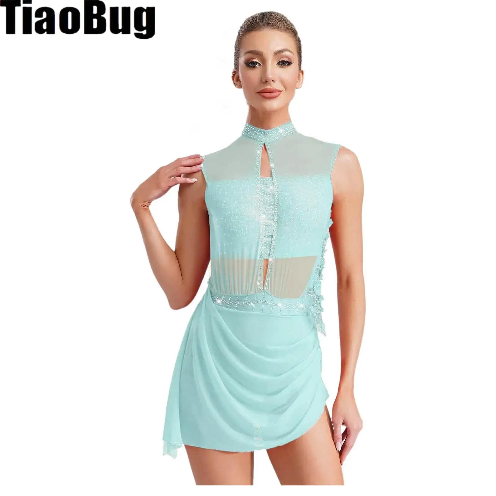 Abito da ballo di pattinaggio di figura da donna senza maniche con ritaglio senza schienale Abito asimmetrico con applicazioni di strass lucidi sovrapposte in rete trasparente