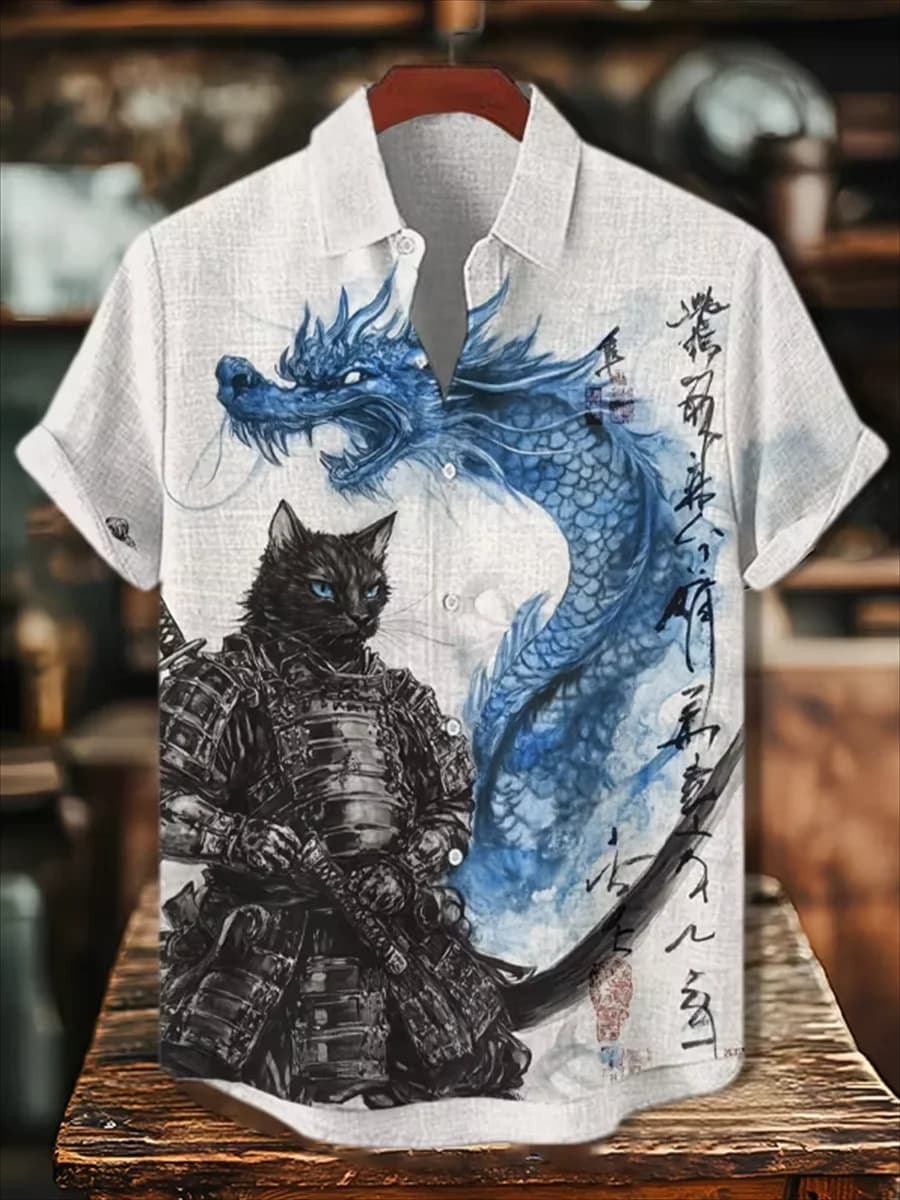 Ink wash style men's short sleeved linen shirt, button design, digital printing, casual and comfortable, fashionable dressing