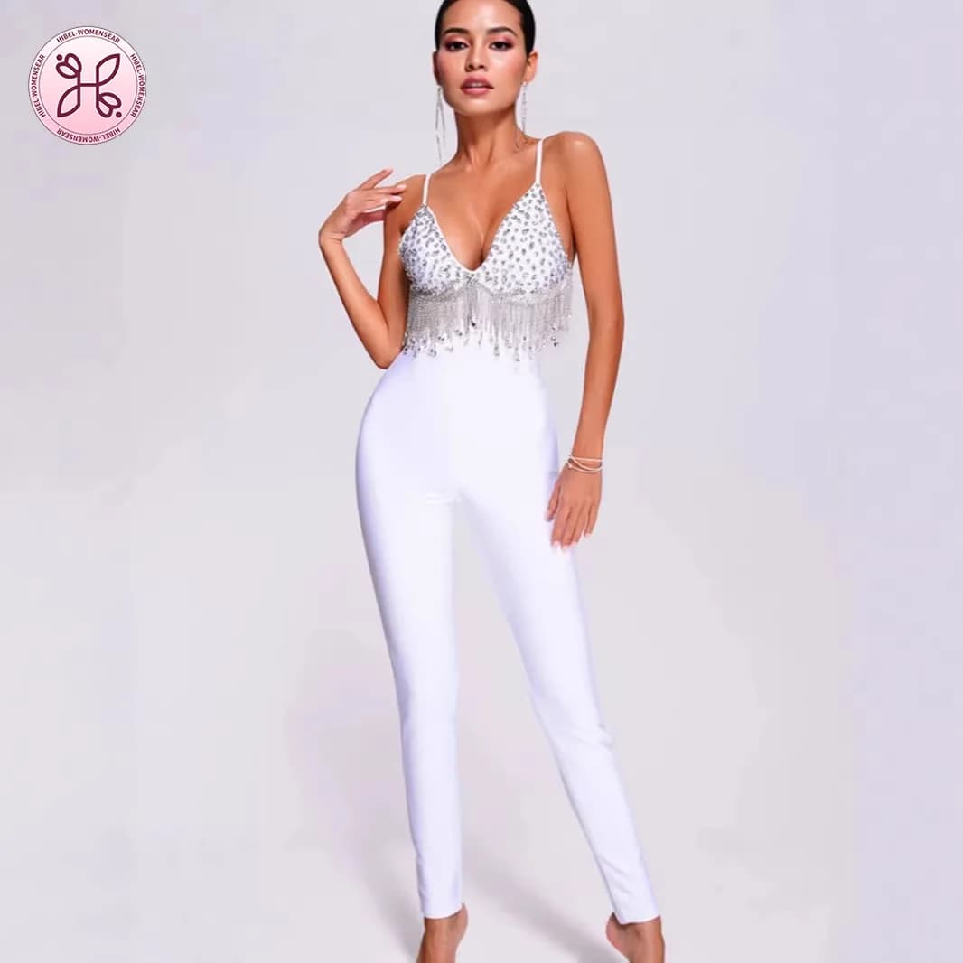 Body Elasticizzato con Strass, Senza Spalline, Sexy e Aderente, Abbigliamento Femminile Bianco Elegante