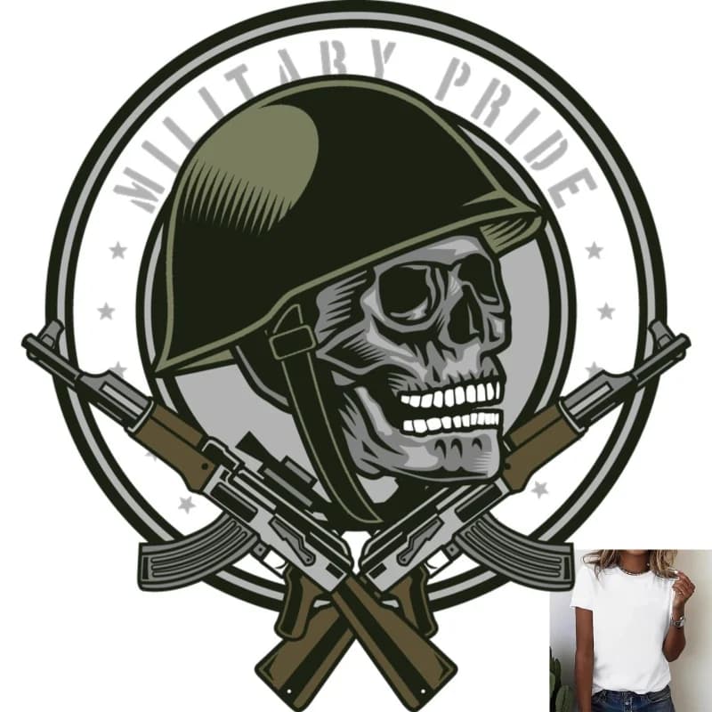 Military Style Skull Helmet & Crossed Guns Heat Transfer White Ink Iron - on, Trendy & Stylish, Suitable for T - shirts, Canvas