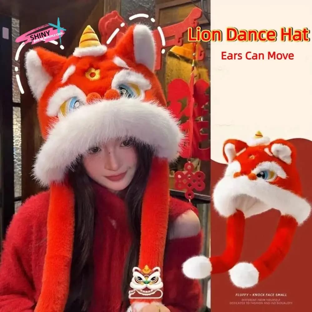 Kawaii Ear Muffs Lion Dance Hat Thickened Ears Can Move Plush Beanies Soft Cute Winter Warm Hat Female/Girls
