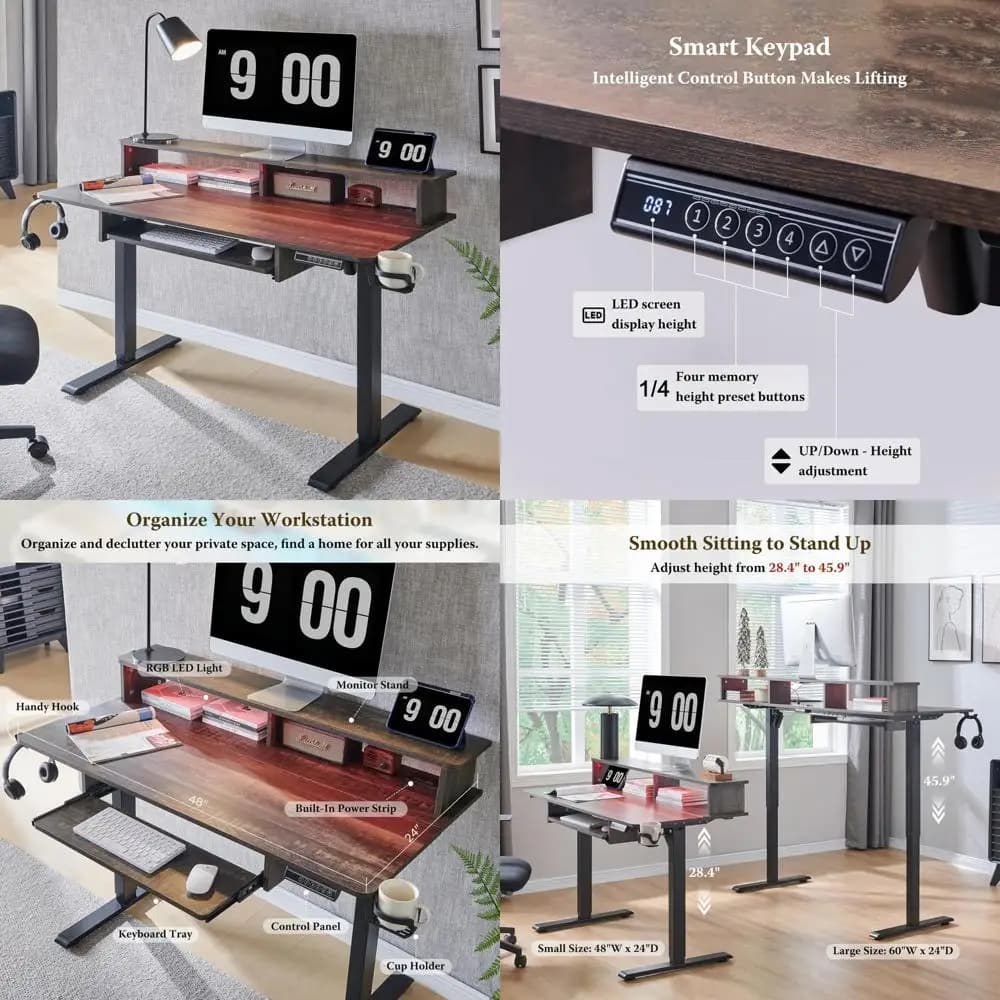 48 Inch Height Adjustable Electric Play Desk, With Power Grips, LED Lights, Keyboard Tray, Monitor Support, Ergonomic Support