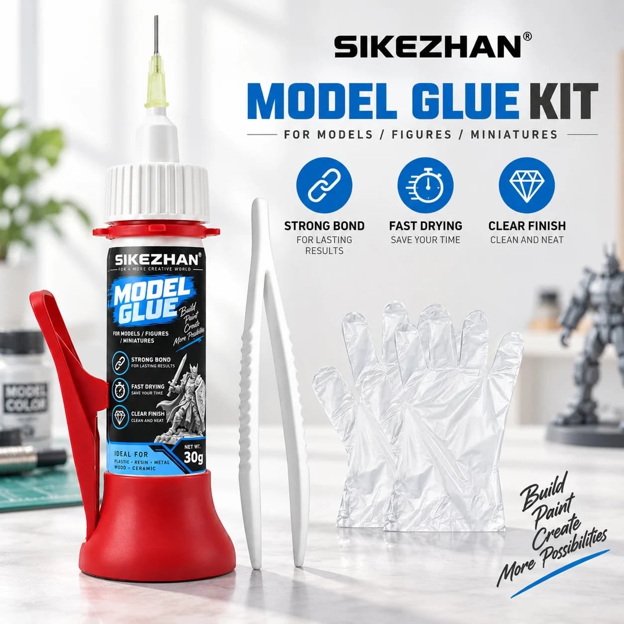 SIKEZHAN Model Glue 30g Precision Needle Adhesive Kit with Tweezers Gloves for Miniatures Figures Plastic Resin Metal Wood