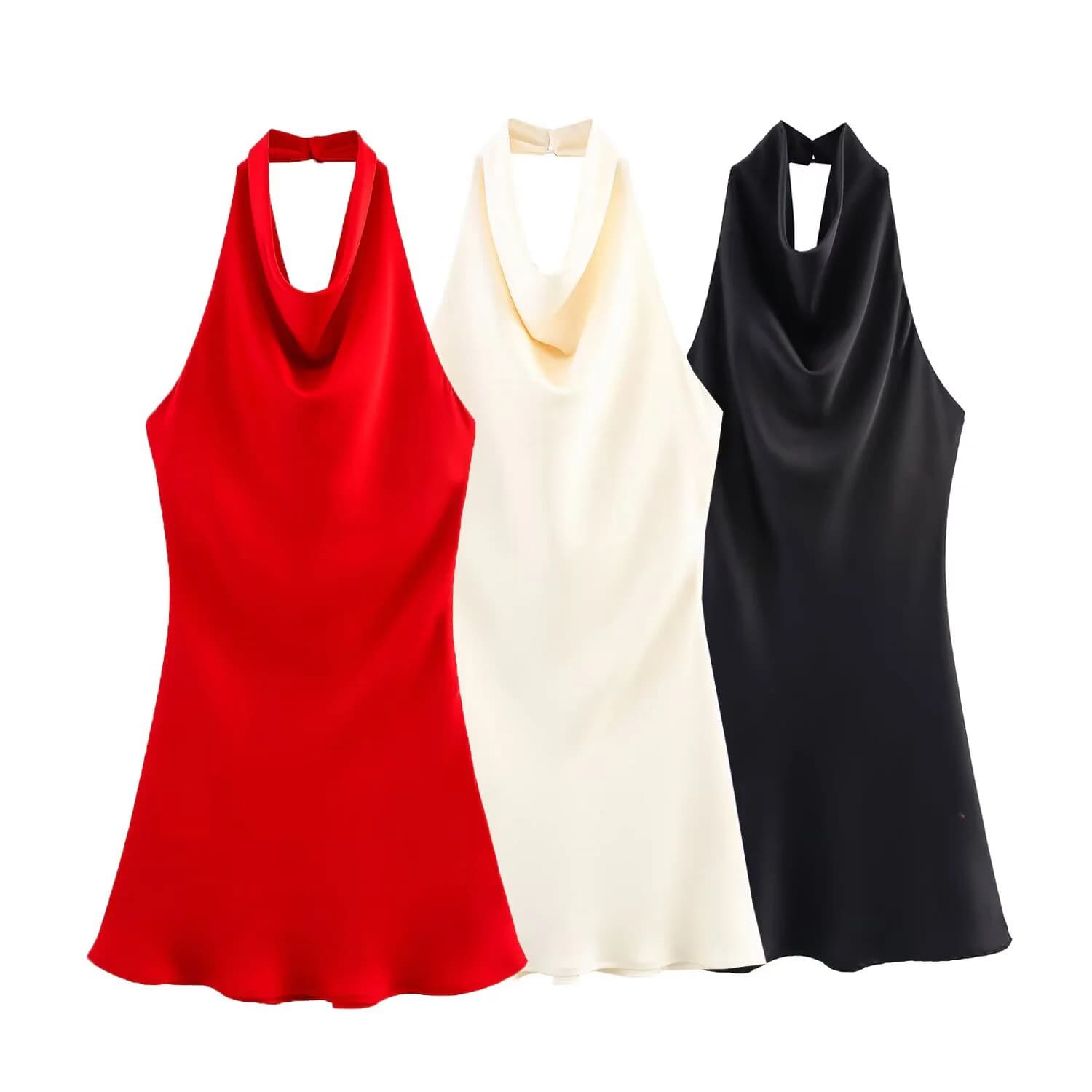 2025 Estate Nuove donne Abbigliamento Temperamento semplice Abito al collo appeso con trama in raso di seta senza schienale alla moda e sexy