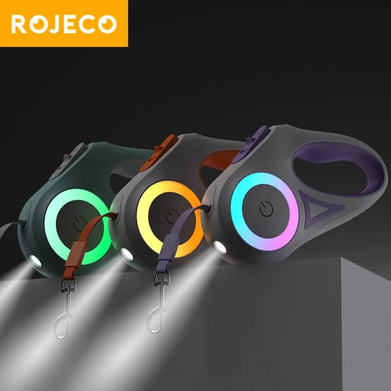 Guinzaglio retrattile automatico ROJECO con LED luminoso, alla moda, per cani, cuccioli e animali domestici, guinzaglio flessibile da passeggio e corsa, 5m