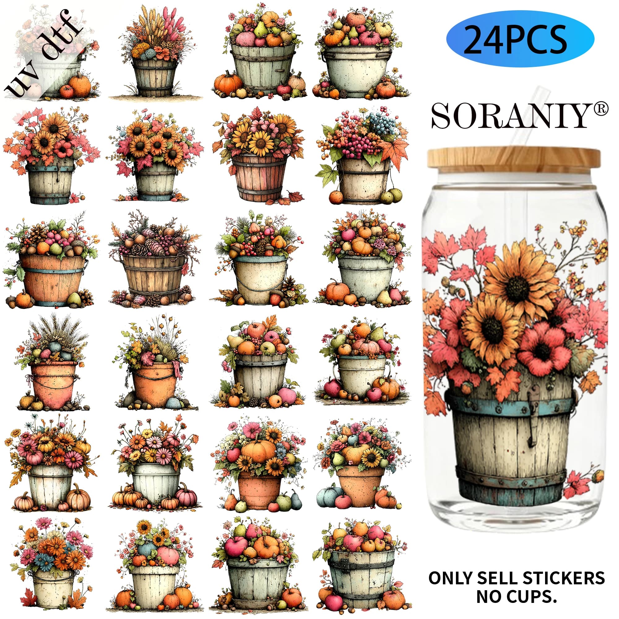 24PCS/Set Harvest Bucket Watercolor Themed UV DTF 16OZ DIY Transfer Paper Set Golden Text Used For 16oz Water Bottles Glass