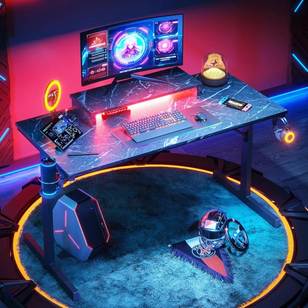 Play desk with LED lights, 42 inch computer desk with monitor support, player workstations with headphone racks and hooks,